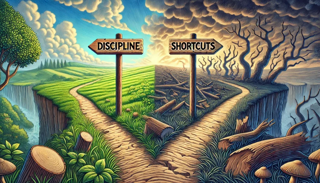 DALL·E 2025-01-08 07.12.20 - A symbolic illustration of two diverging paths in a natural landscape, with added wooden signposts. The first path is narrow, rugged, and uphill, surr